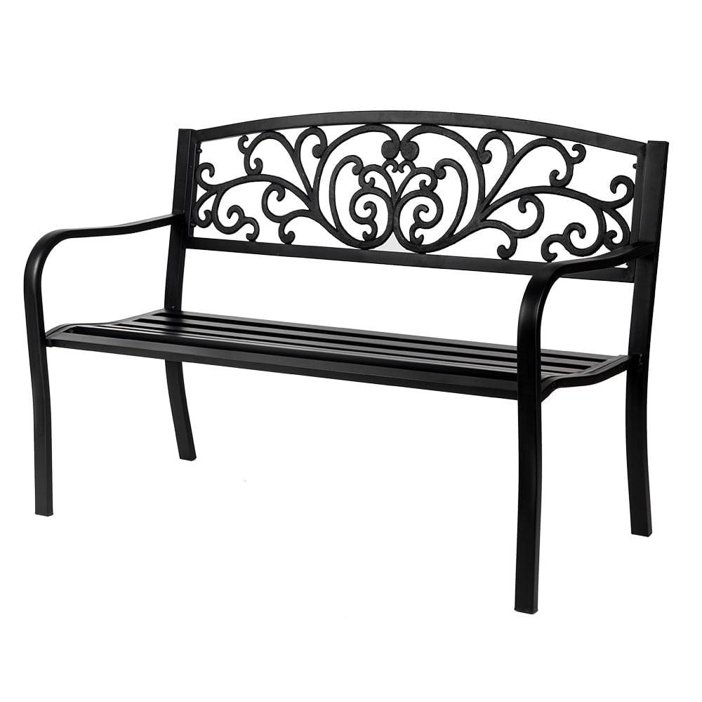 Black Steel Outdoor Bench with Floral Backrest, 52"