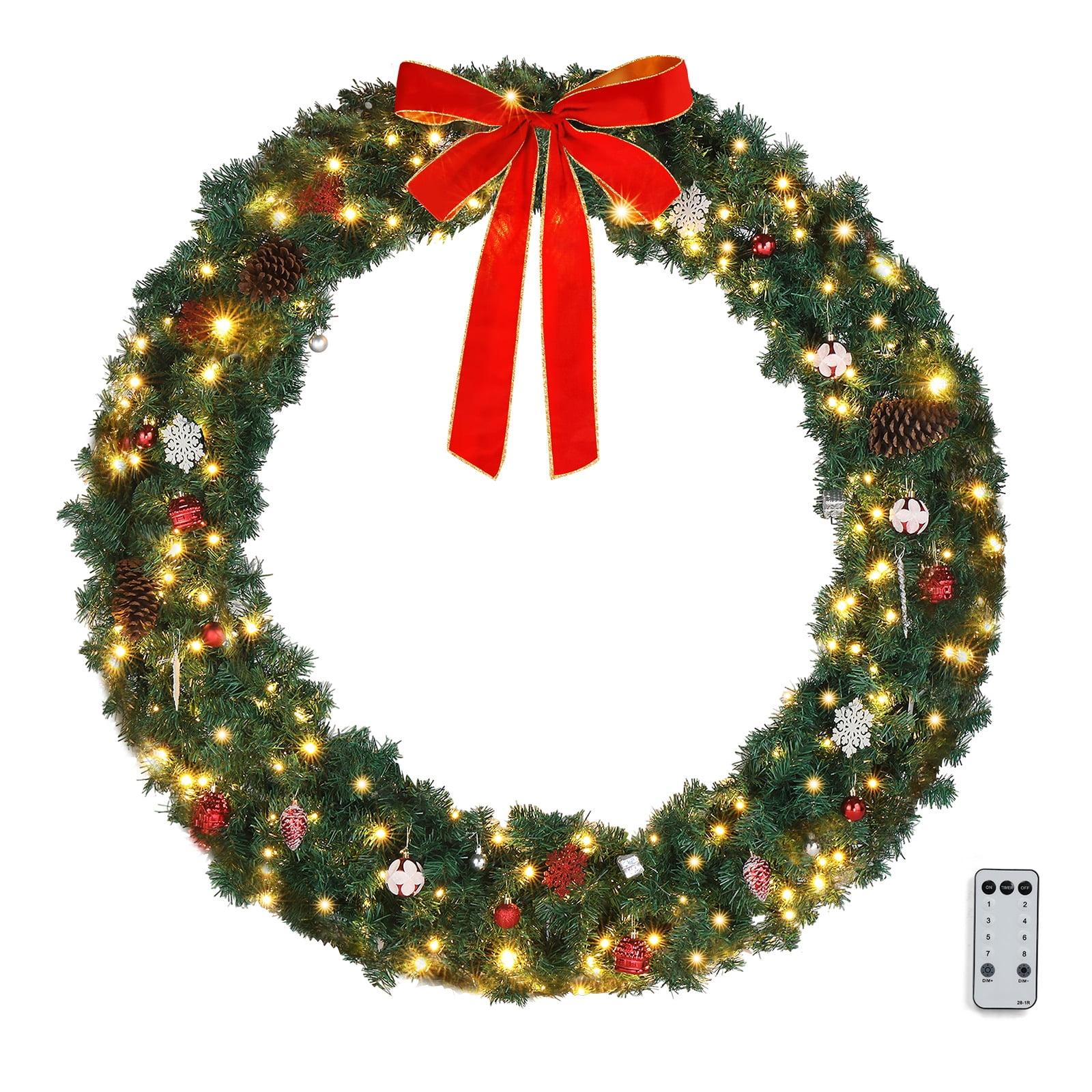 Tcbosik Prelit Christmas Decoration - 60" Christmas Wreath for Front Door with Red Bow and Pine Cones - Large Artificial Xmas Wreath with 220 LED Lights and 660 Branch Tips for Home Wall Decor - Green