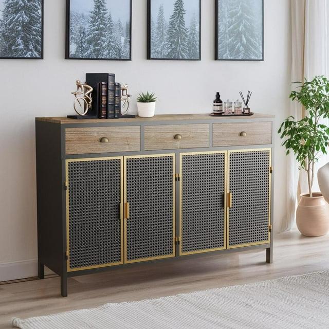 IVV Buffet Cabinet with Storage, 48" Sideboard with 3 Mesh Doors & 3 Drawers, Modern Metal Coffee Bar Cabinet Metal Buffet Table w/ Wood Countertop for Kitchen, Dining Room, Dark Gray