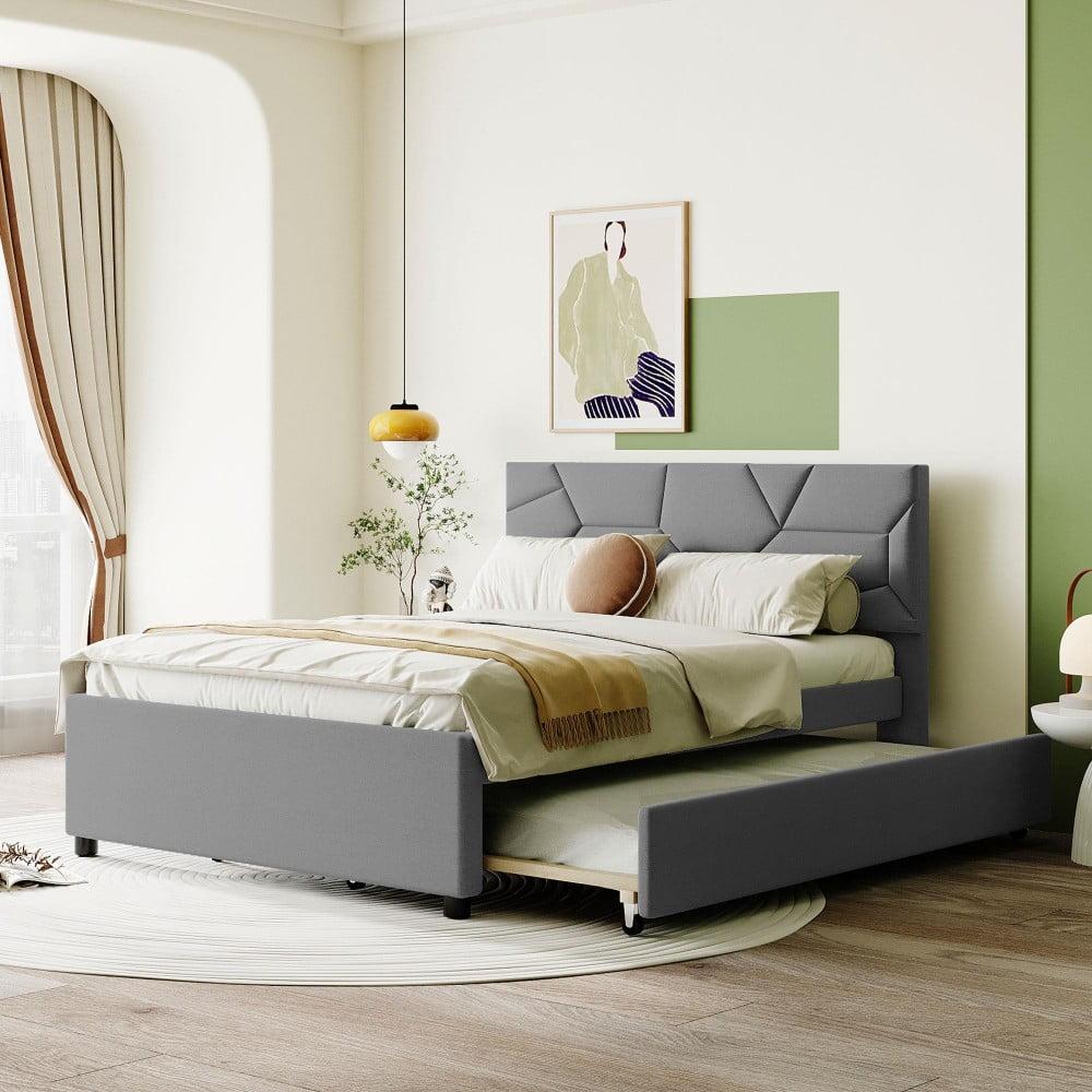 IVV Full Size Upholstered Platform Bed with Twin Size Trundle, for Living Room Guest Room, Linen Fabric, Gray