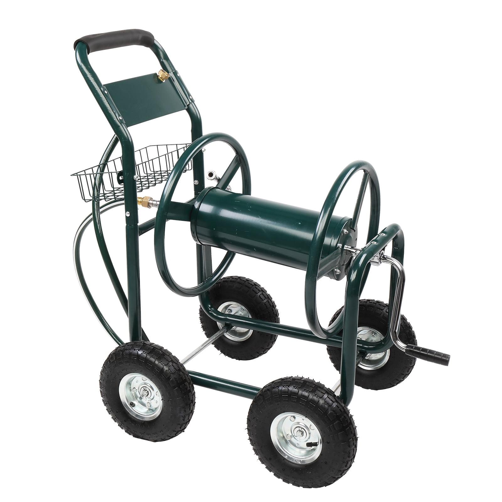 Green Steel Four-Wheel Hose Reel Cart with Manual Crank