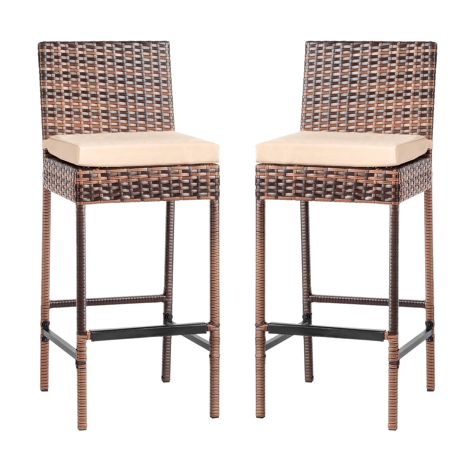 Off-white Cushioned Iron and Rattan Outdoor Bar Stools, Set of 2