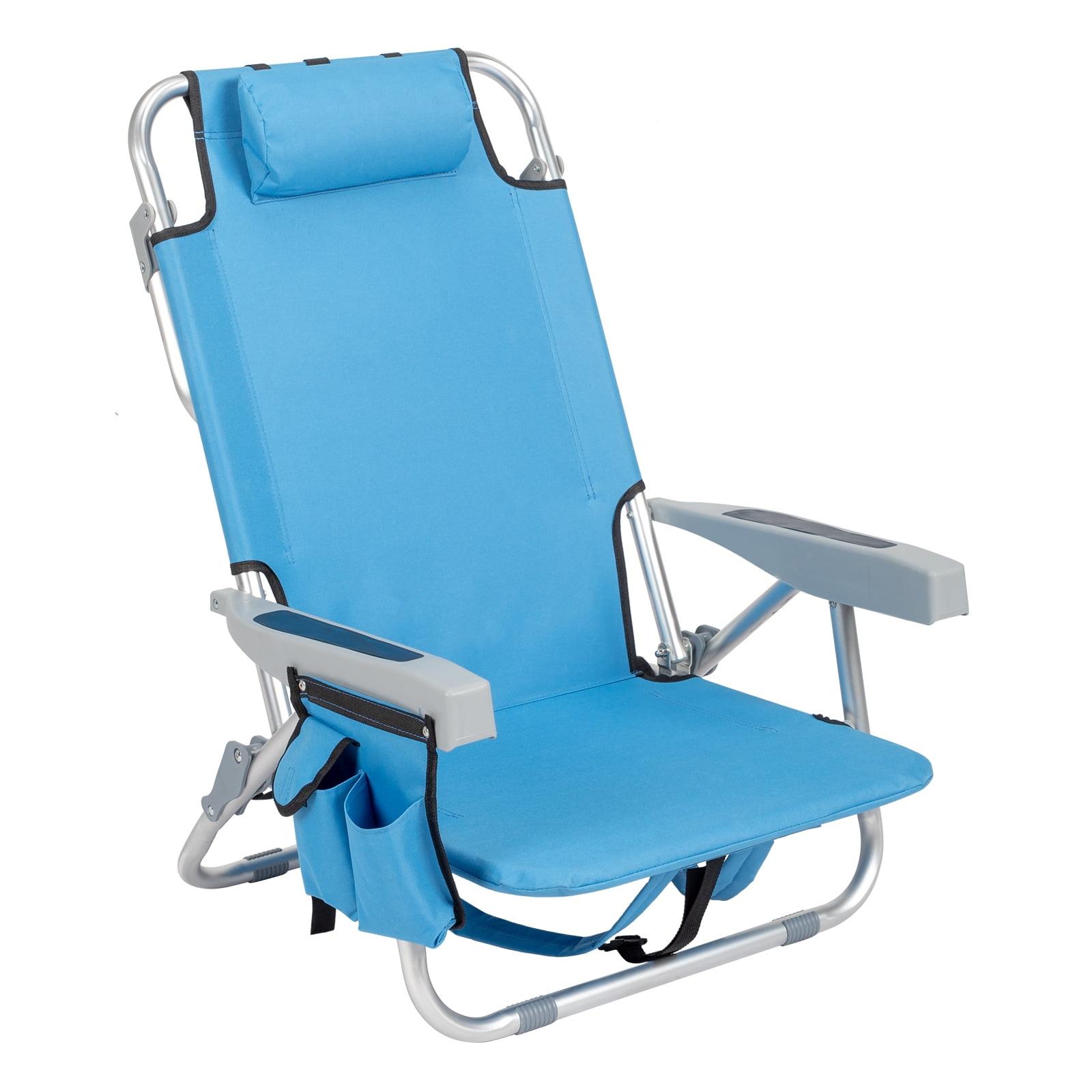 Blue Aluminum Folding Beach Chair with Armrest and Storage