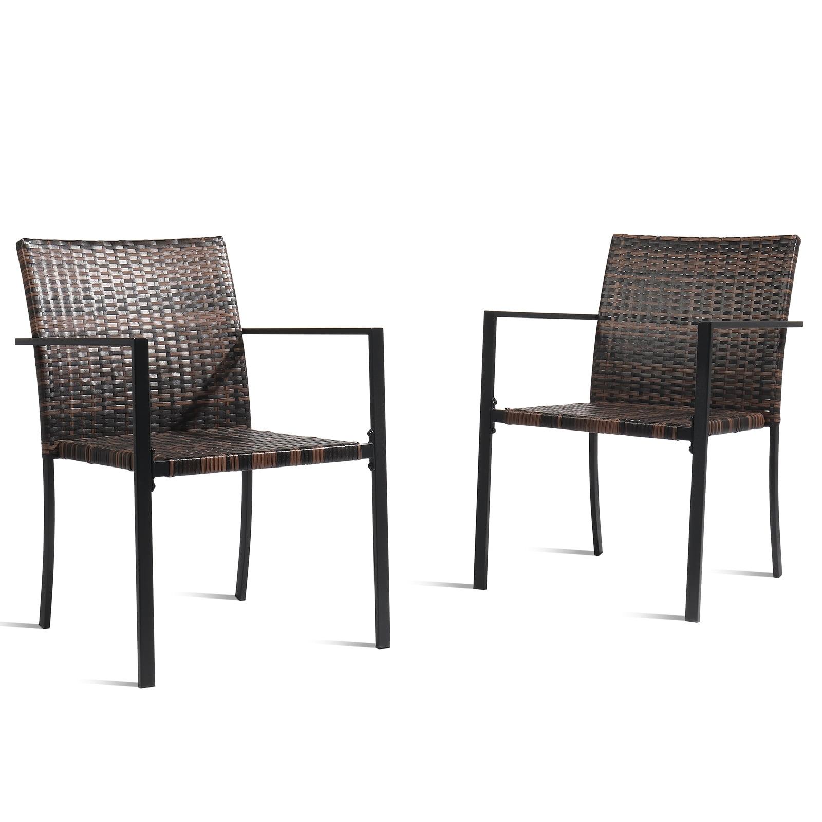 Set of 2 Brown Wicker and Black Steel Outdoor Dining Chairs
