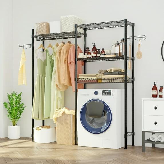 Kselythan Over Washer and Dryer Shelves,57.4" W Heavy Duty Laundry Room Storage Organization Clothes Drying Rack,Height Adjustable Towel Racks with Hamper and Hooks,Space Saving Shelf