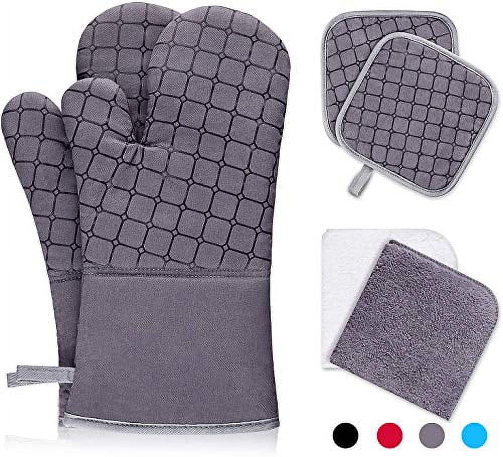 Grey Heat Resistant Oven Mitts and Pot Holders Set with Towels