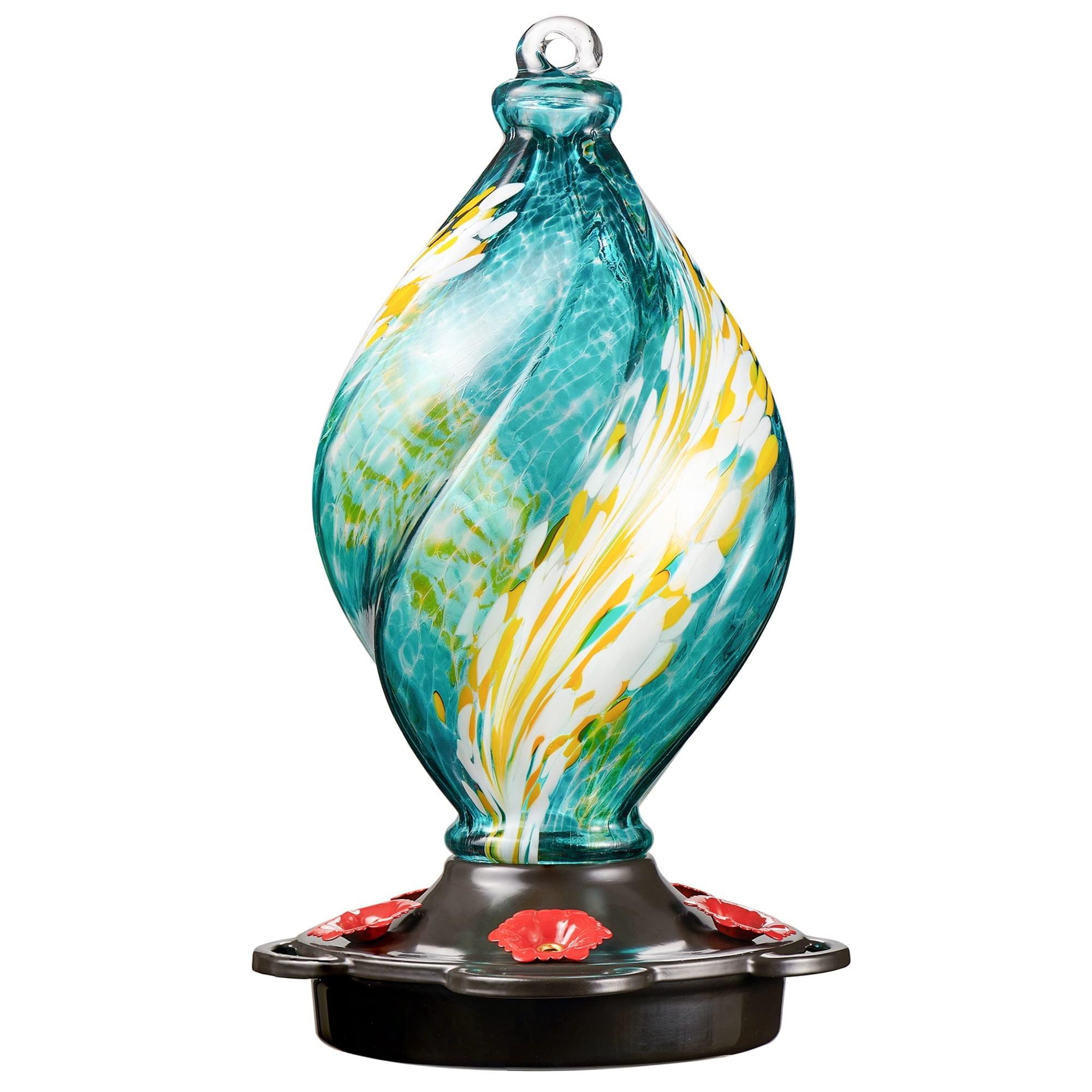 Teal Hand Blown Glass Spiral Hummingbird Feeder with Plastic Base