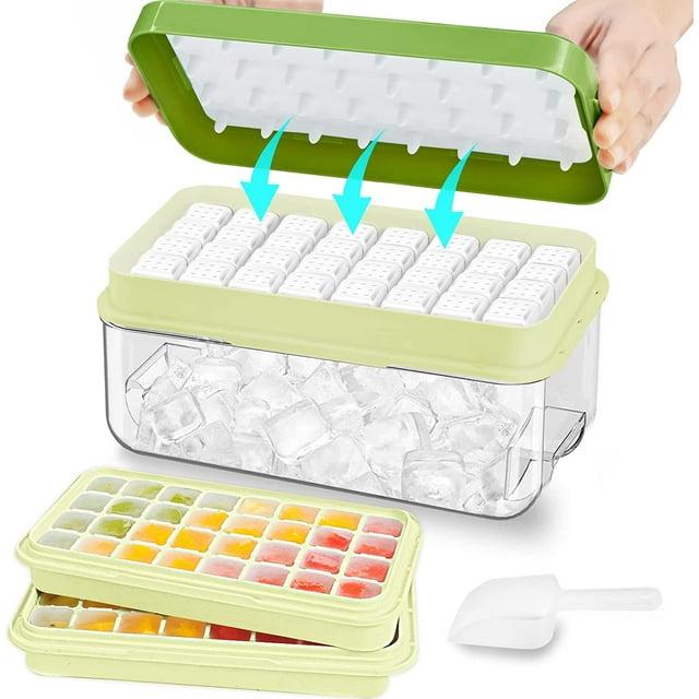 Ice Cube Tray with Lid and Bin, 64 pcs Ice Tray Kit with Ice Scoop, Ice Cube Pop Out Tray, Ice Cube Trays for Freezer, Ice Cube Molds, BPA Free, Easy Release Stackble Spill-Resistant (Green)