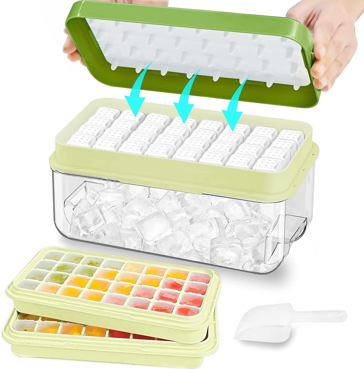 Ice Cube Tray with Lid and Bin, 64 pcs Ice Tray Kit with Ice Scoop, Ice Cube Pop Out Tray, Ice Cube Trays for Freezer, Ice Cube Molds, BPA Free, Easy Release Stackble Spill-Resistant (Orange)