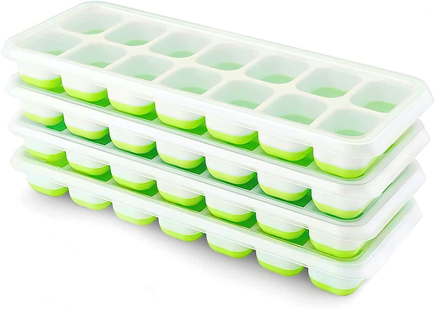 Green and White Silicone Stackable Ice Cube Trays with Lids, 4 Pack