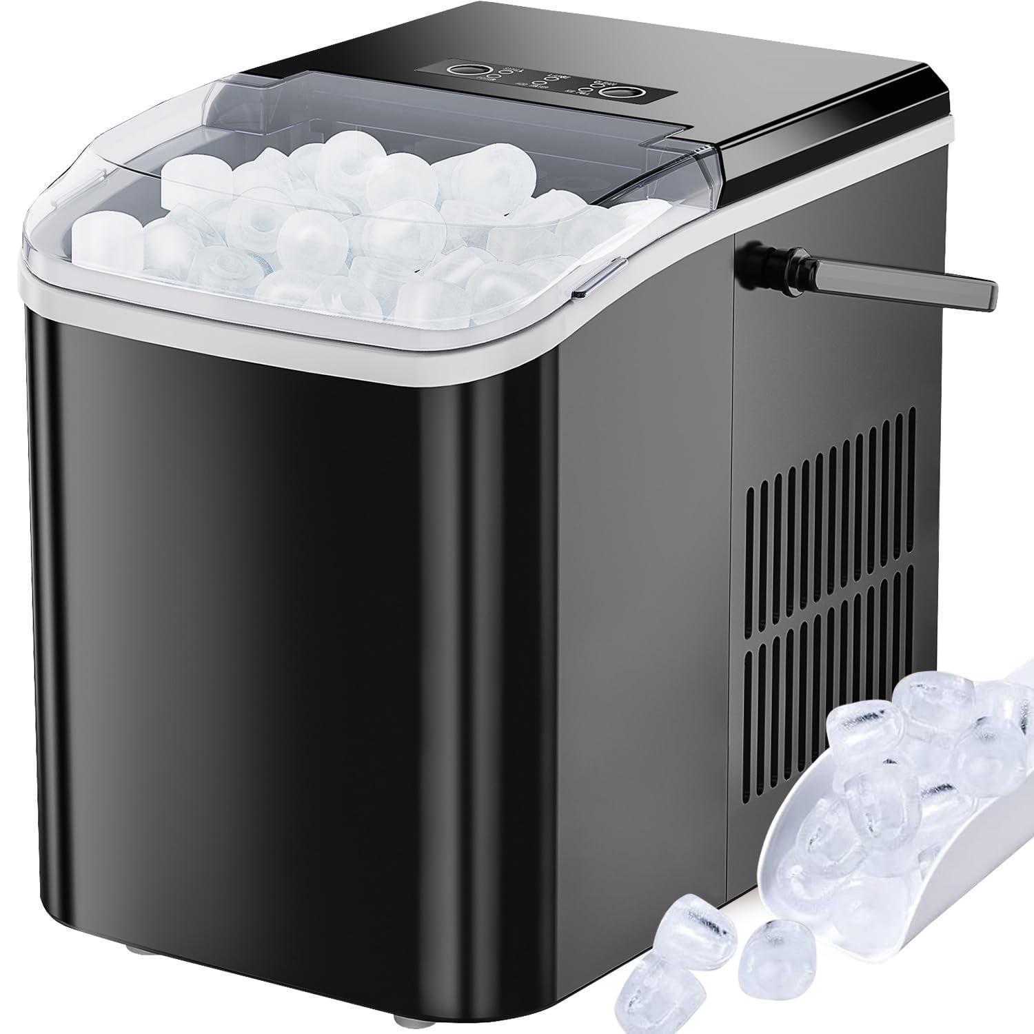 Ice Maker, 9Pcs/6Min, Self-Cleaning Portable Ice Maker Machine, 40 db quieter processing, 26Lbs/24H with Ice Scoop and Handle, 2 Sizes Bullet Cubes Makers, Black