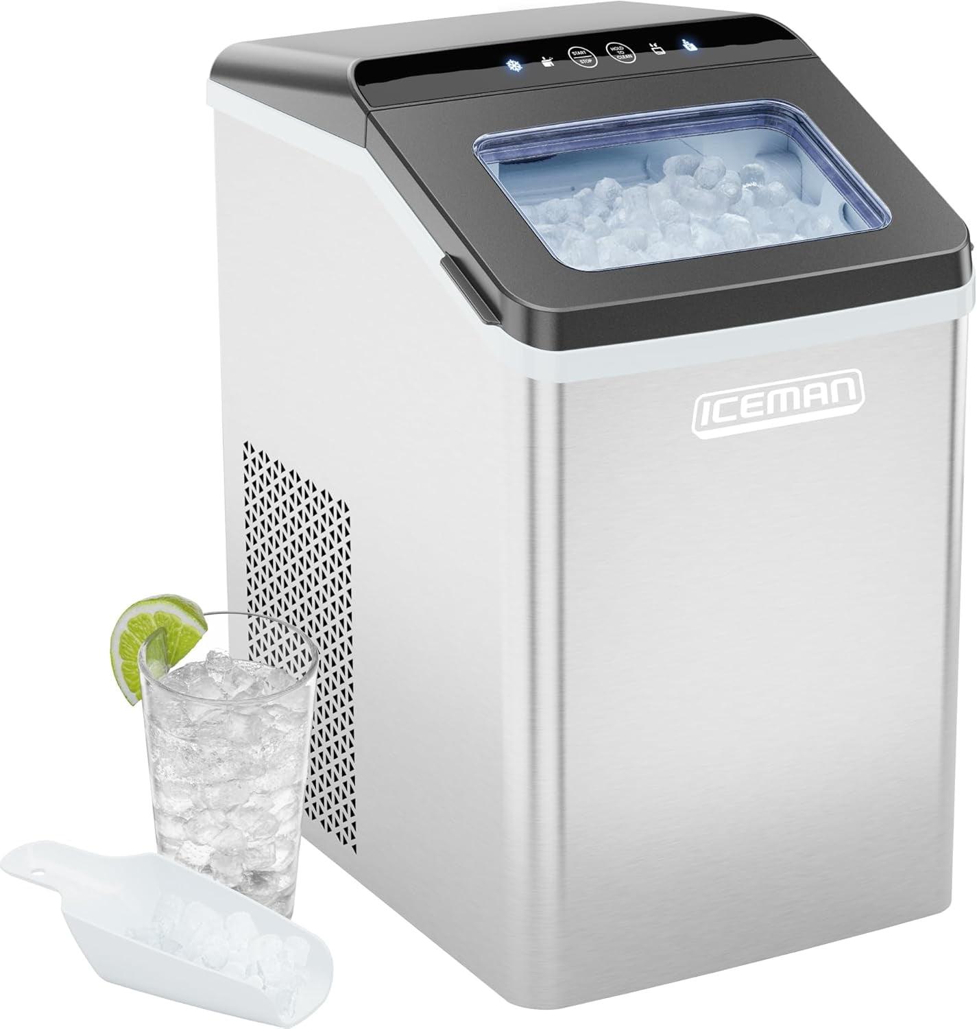 Stainless Steel Countertop Nugget Ice Maker with Scoop and Basket