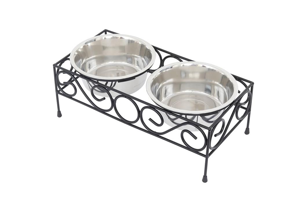 Elevated Black Wrought Iron Double Diner with Stainless Steel Bowls