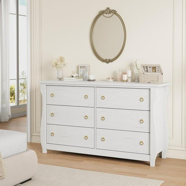 White 6-Drawer Bohemian Dresser with Curved Legs and Rattan Accents