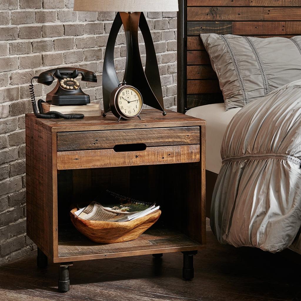 Rustic Industrial Pine Nightstand with Metal Accents, Light Brown