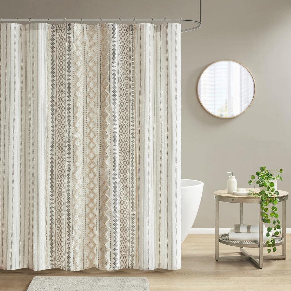 Ivory Cotton Shower Curtain with Chenille Stripe, 72in