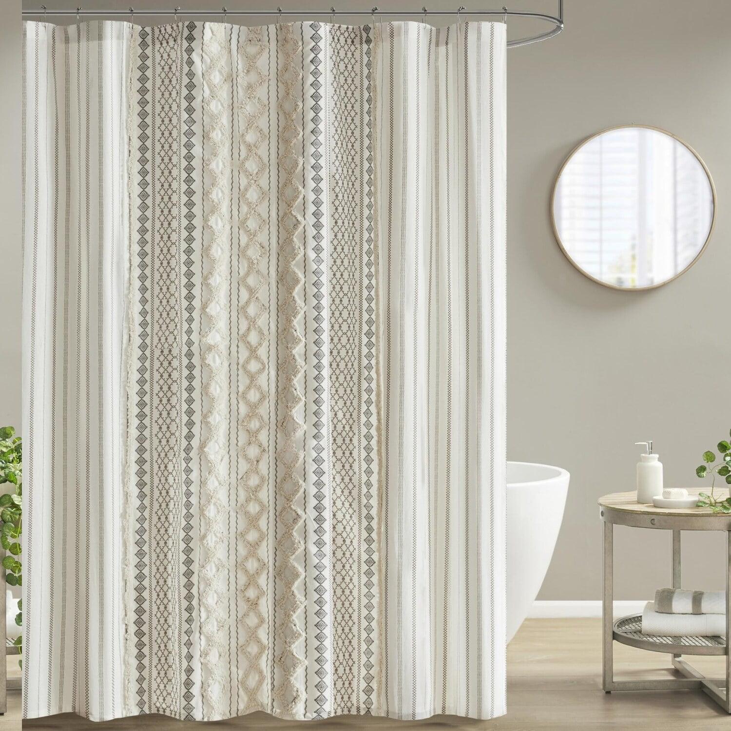 Ivory Cotton Shower Curtain with Chenille Stripe, 72in