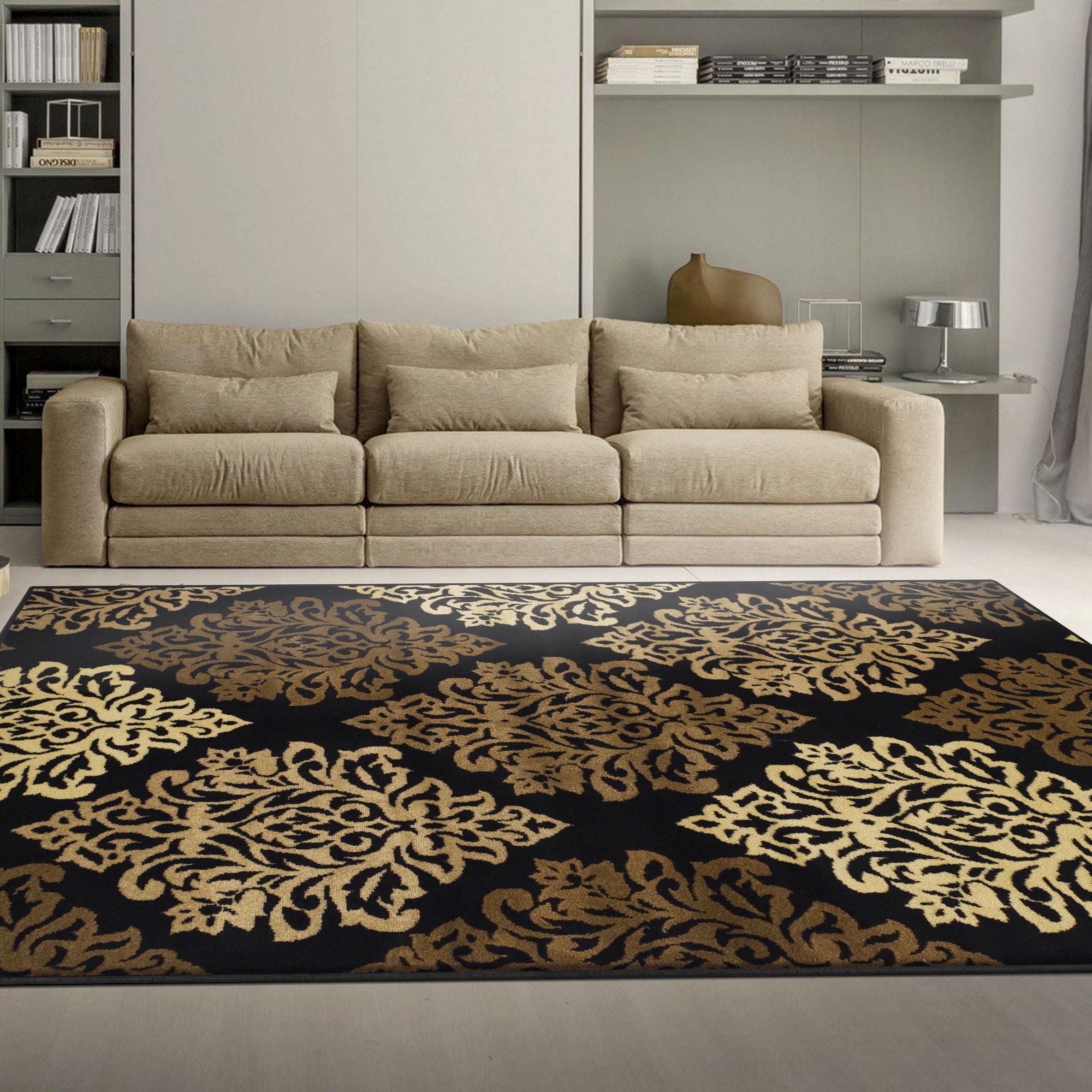 Impressions Caldwell Damask Floral Modern & Contemporary Area Rug, Black