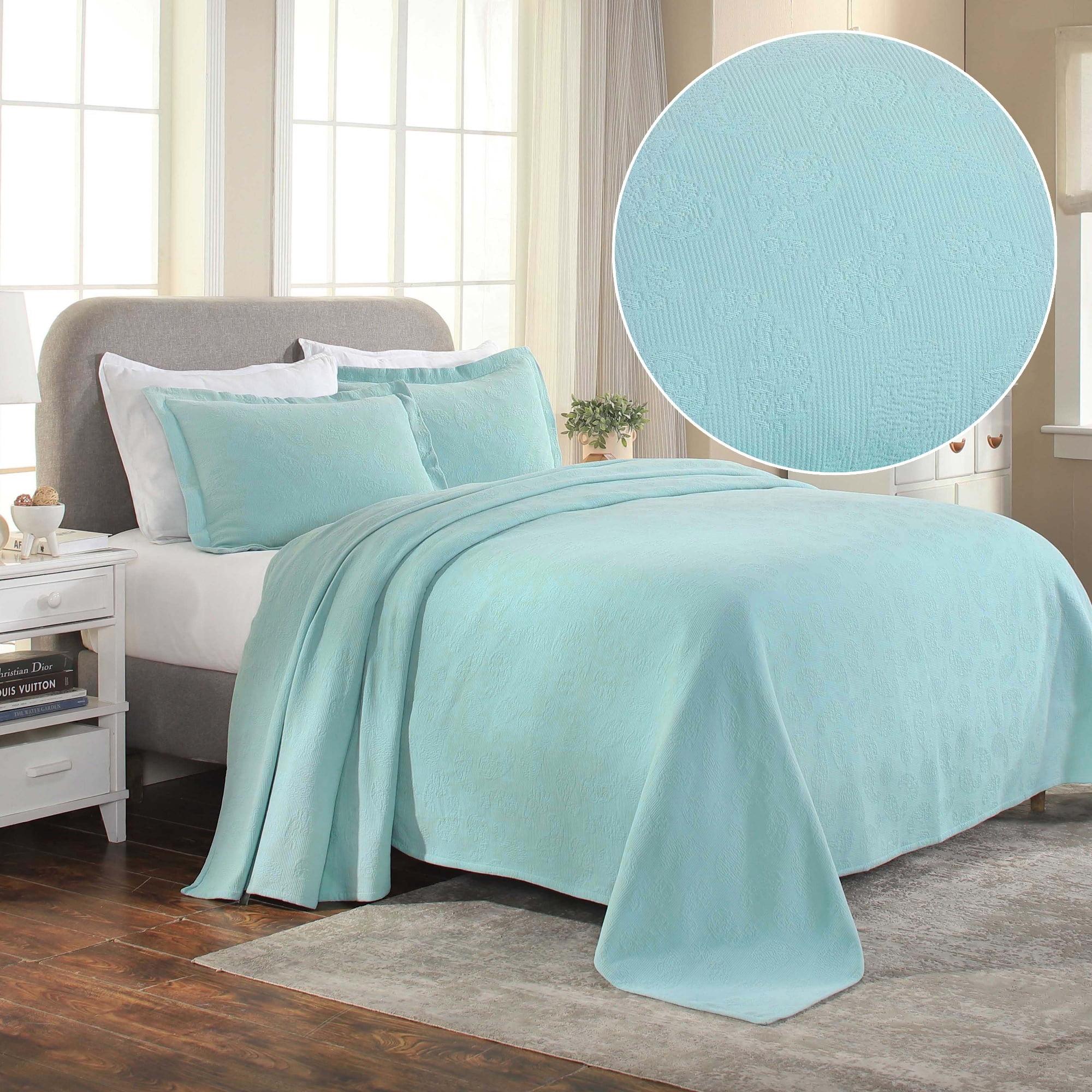 Aqua Paisley Cotton King Bedspread Set with Cozy Matelassé Design