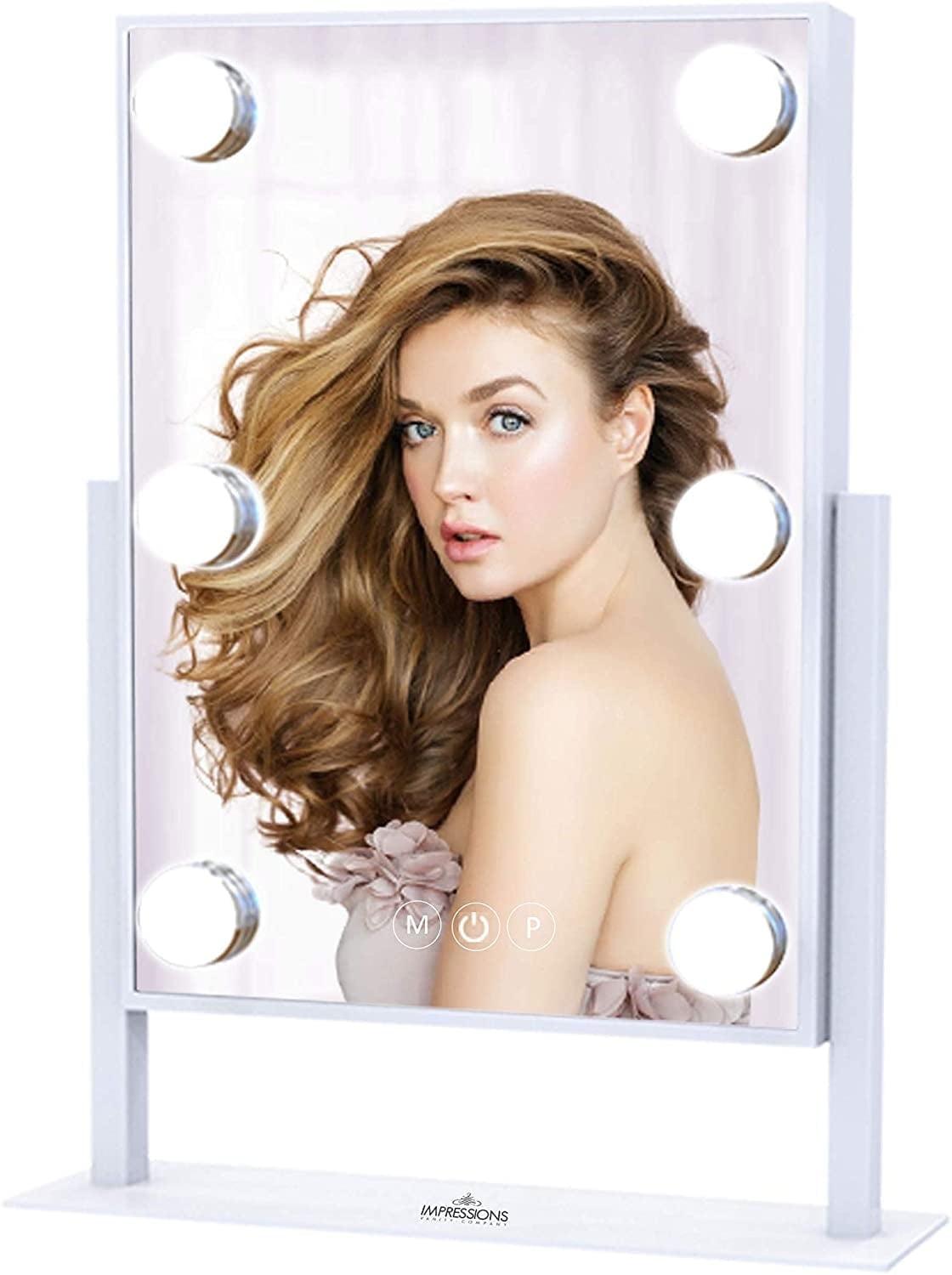 IMPRESSIONS VANITY · COMPANY Hollywood Tri Tone Makeup Mirror with 6 LED Bulbs and 360 Degree Swivel, Soft Touch Sensor Dimmer Switch