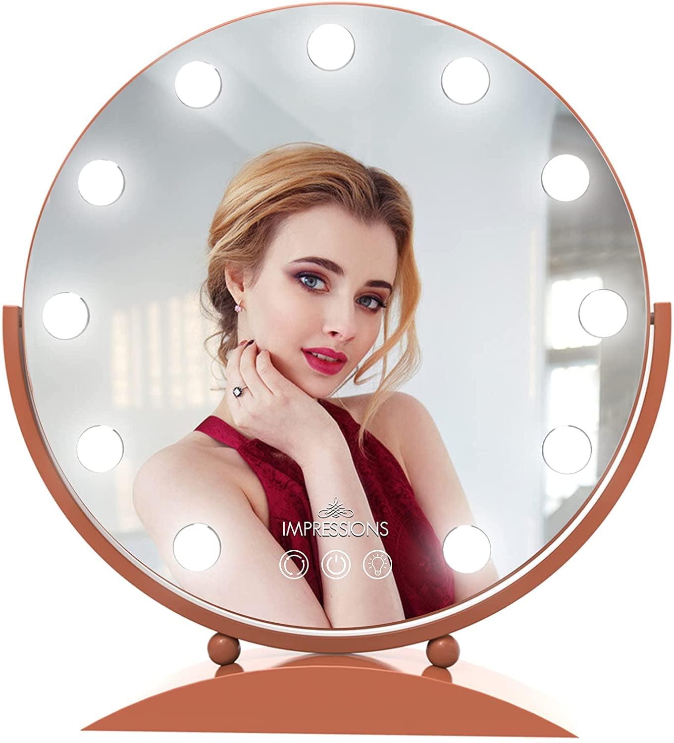 Impressions Vanity Mirror with Lights, Hollywood Sunset Tri Tone Makeup Mirror with LED Bulbs, Touch Control Desk Mirror, 360° Rotatable, Round Shape Cosmetic Mirror with Power Adapter (Rose Gold)