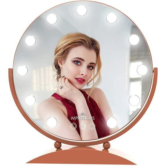 Impressions Vanity Mirror with Lights, Hollywood Sunset Tri Tone Makeup Mirror with LED Bulbs, Touch Control Desk Mirror, 360° Rotatable, Round Shape Cosmetic Mirror with Power Adapter (Rose Gold)