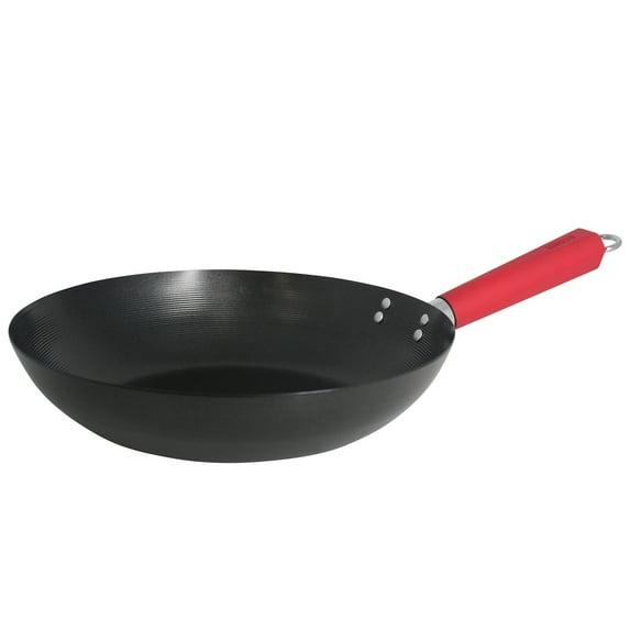 IMUSA 12in Carbon Steel Nonstick Wok with Red Soft Touch Handle, Black