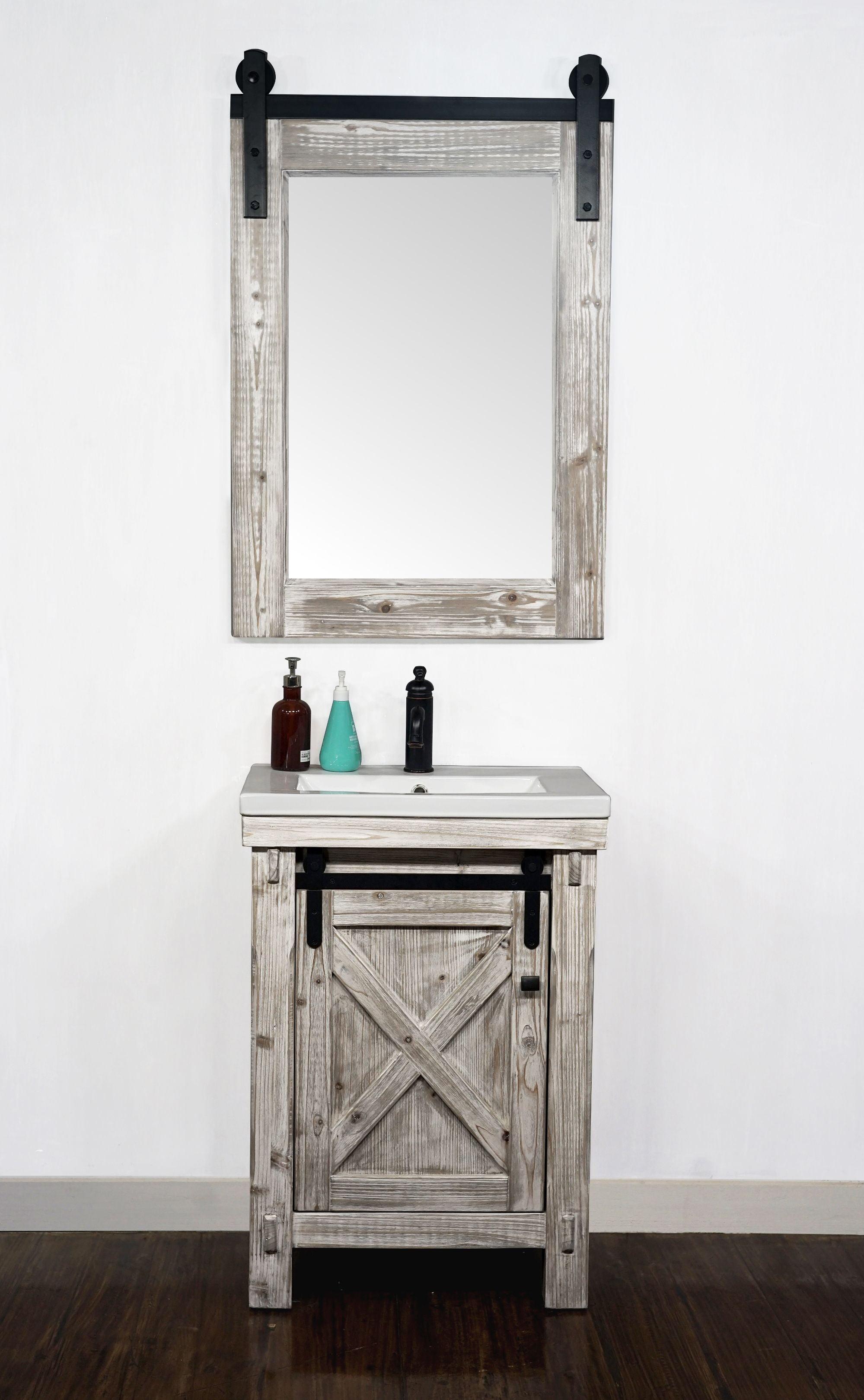 24" White Wash Rustic Fir Barn Door Vanity with Ceramic Sink