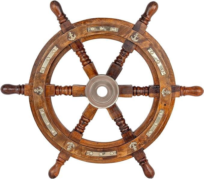 18" Brown Wooden Nautical Ship Wheel Decor