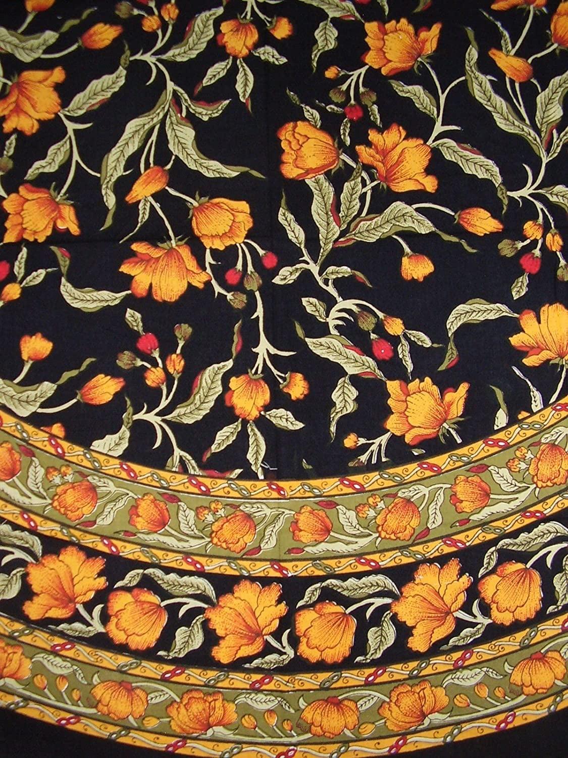 French Floral Round Cotton Tablecloth with Amber and Black Design