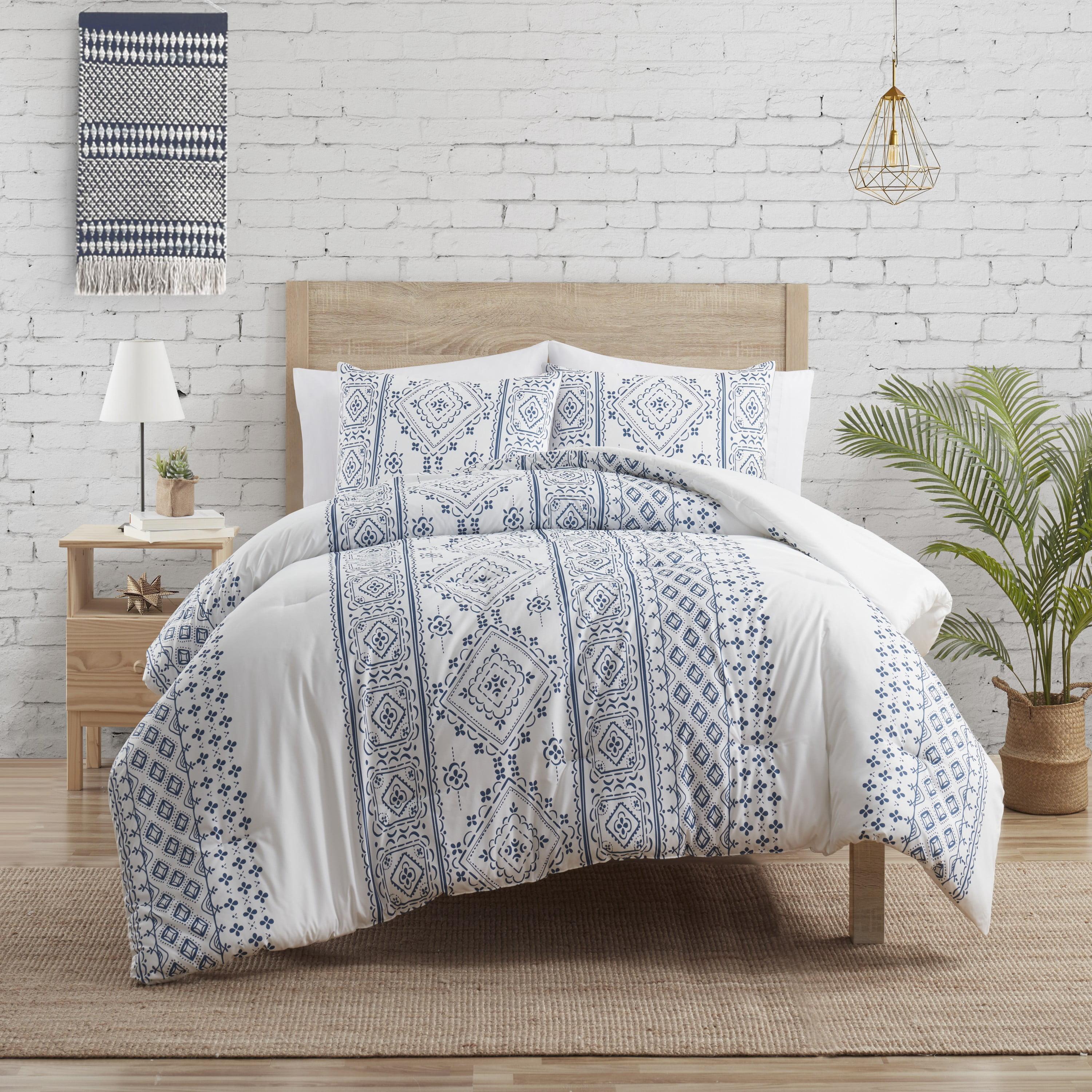 VCNY 2pc Twin Denim Geometric Striped Comforter Set: Hypoallergenic, Microfiber, Bohemian Style