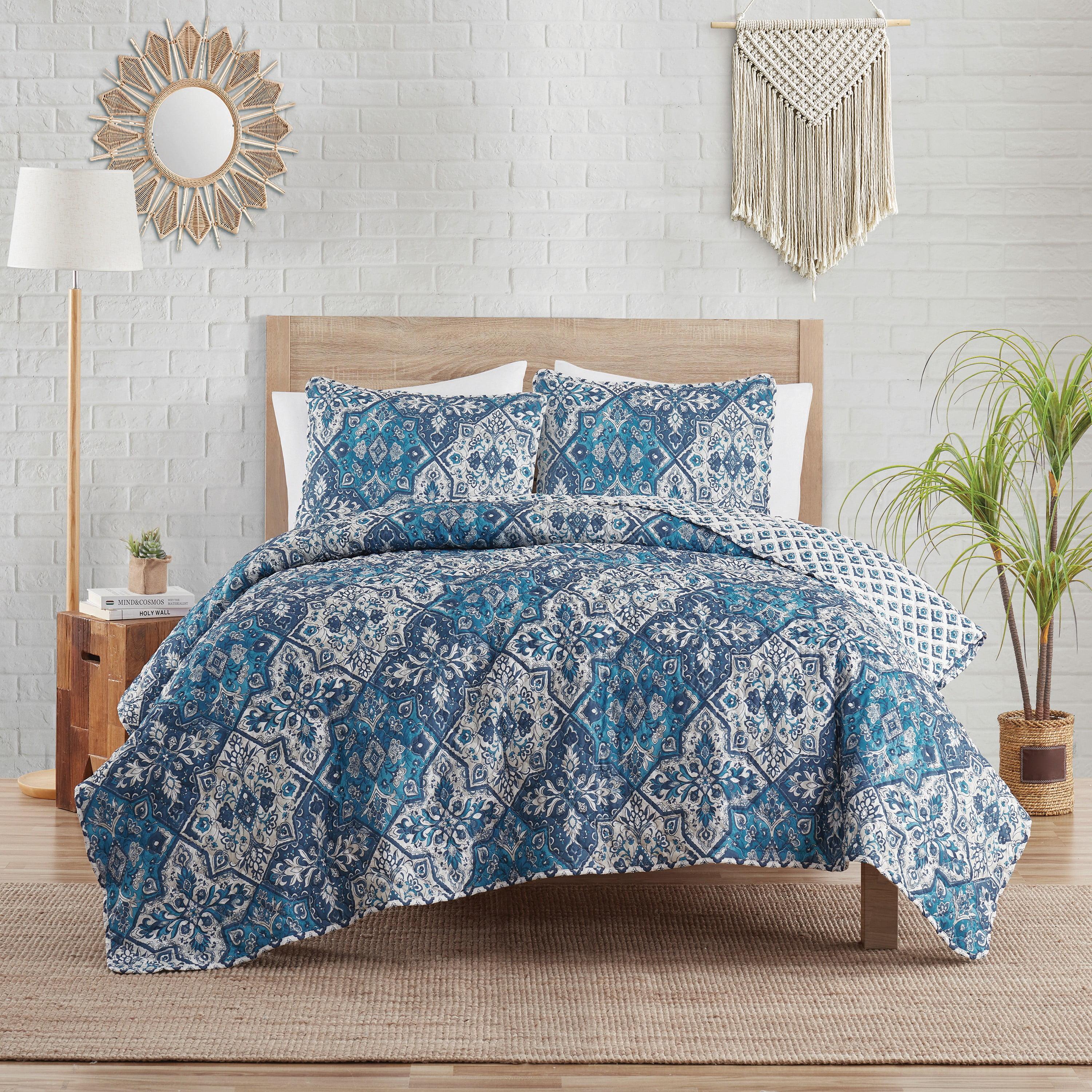 VCNY 3pc Full/Queen Denim Boho Medallion Reversible Quilt Set: Microfiber, Hypoallergenic, No Fill