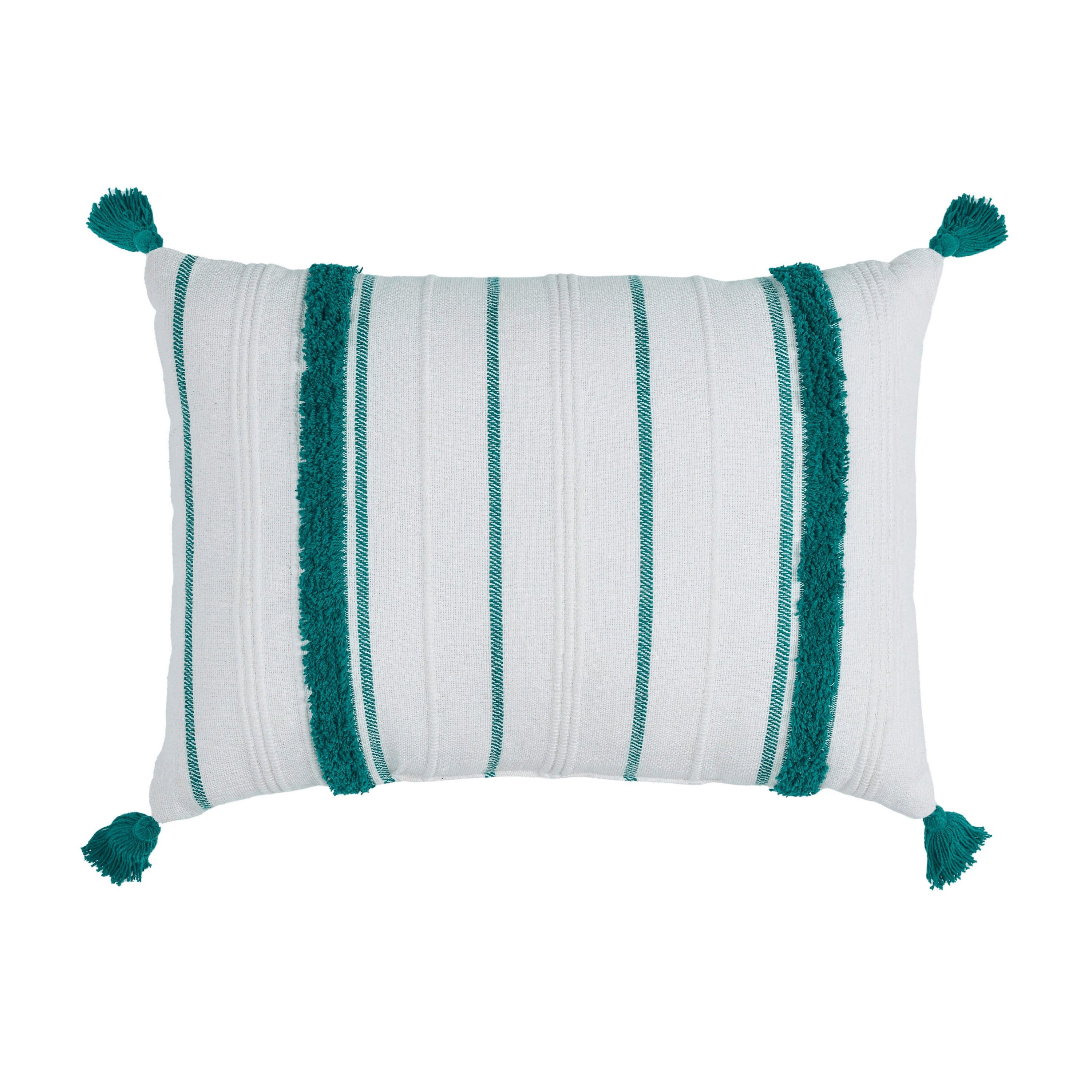 VCNY 14"x20" Oversize Boho Striped Tassel Cotton Lumbar Throw Pillow Teal: Sheltered Outdoor Use, Hidden Zipper