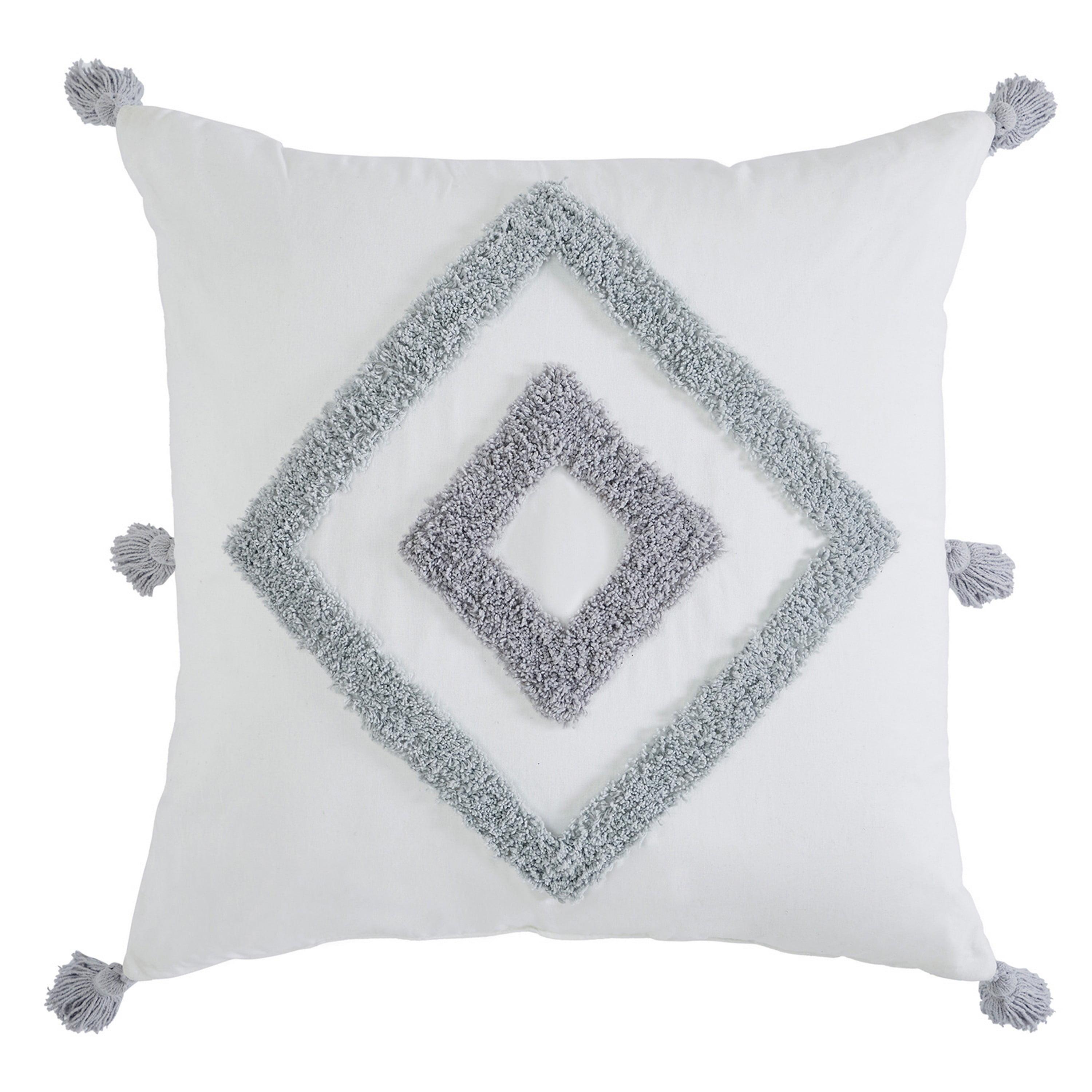 VCNY 20"x20" Oversize Tufted Boho Diamond Cotton Square Throw Pillow White: Tasseled Edges, Hidden Zipper