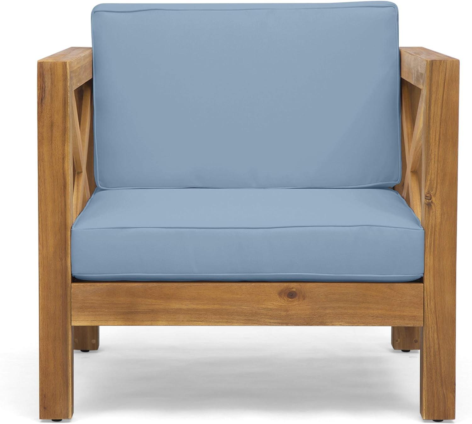 Teak Finish Acacia Wood Outdoor Club Chair with Blue Cushion