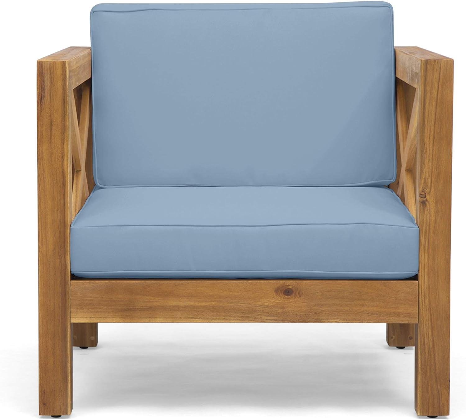 GDF Studio Indira Outdoor Acacia Wood Club Chair with Cushion, Teak Finish and Blue