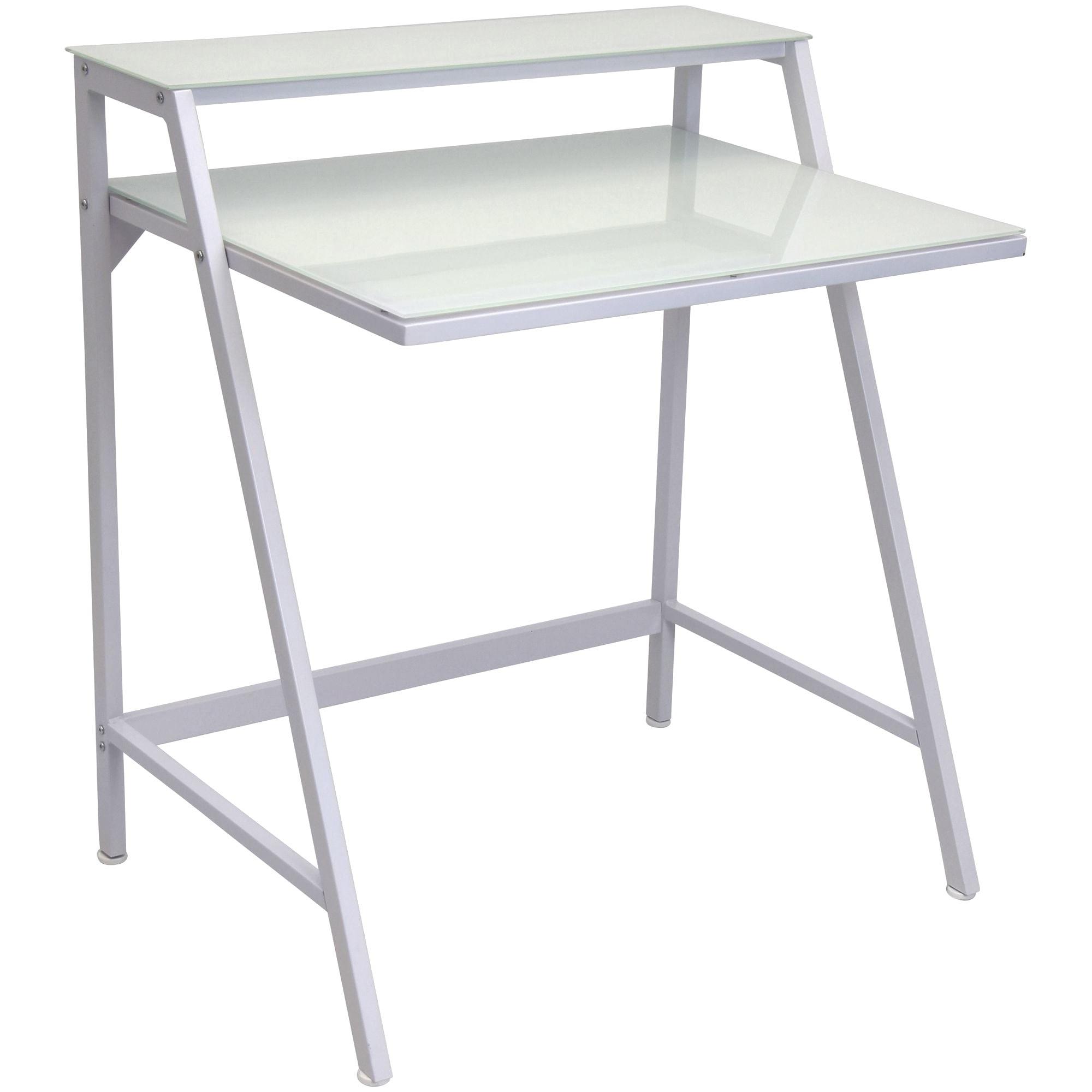 Indoor Furniture 2-Tier Contemporary Office Desk - Metal, Tempered Glass In White