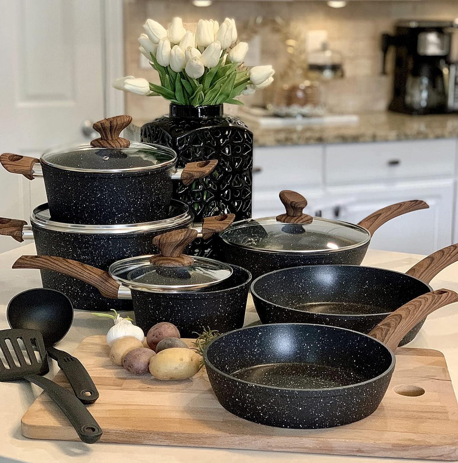 BN-LINKKL Kitchen Academy Induction Cookware Sets - 12 Piece Cooking Pan Set, Granite Black Nonstick Pots And Pans Set
