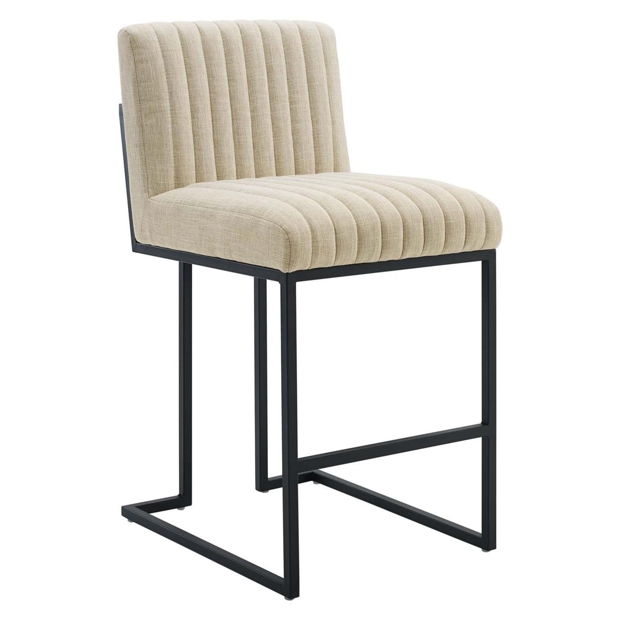 Beige Channel Tufted Counter Stool with Black Metal Frame