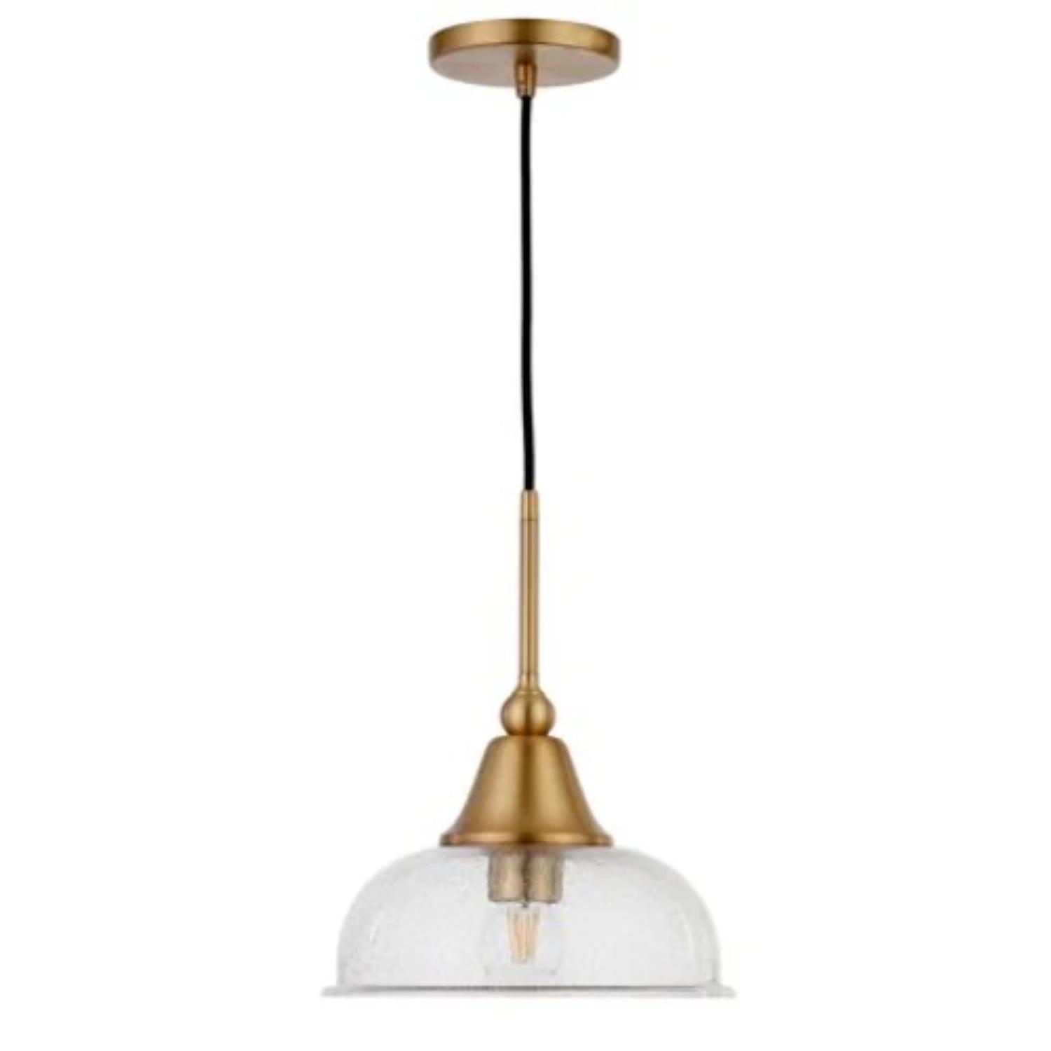 Brass and Seeded Glass Bell Shade Pendant Light