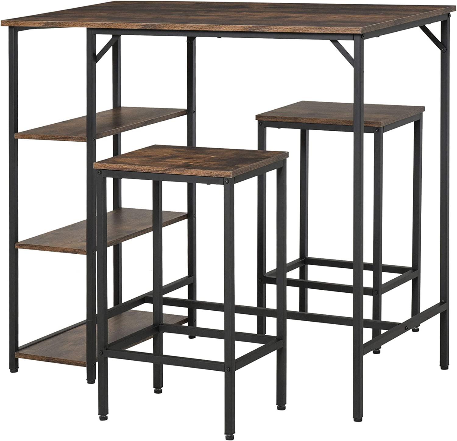 HOMCOM Industrial 3 Piece Dining Table Set, Counter Height Bar Table and Chairs Set, Kitchen Bistro Table Set with Storage Shelf and Stools, Brown