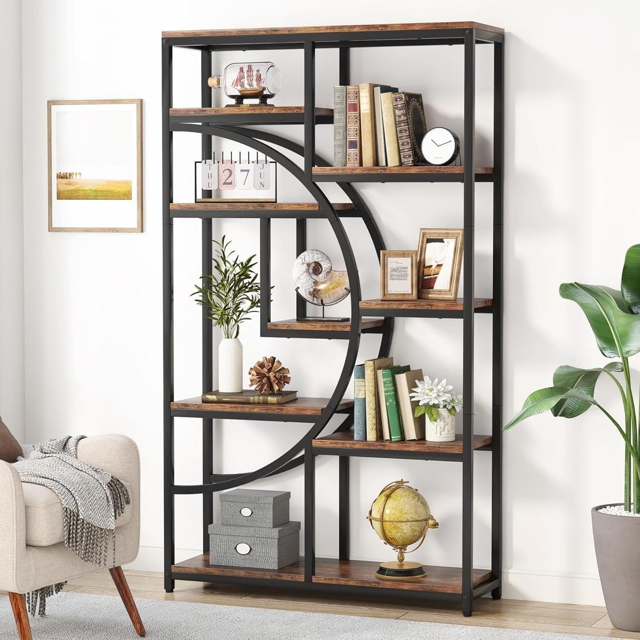 Rustic Brown and Black 5-Tier Geometric Etagere Bookcase