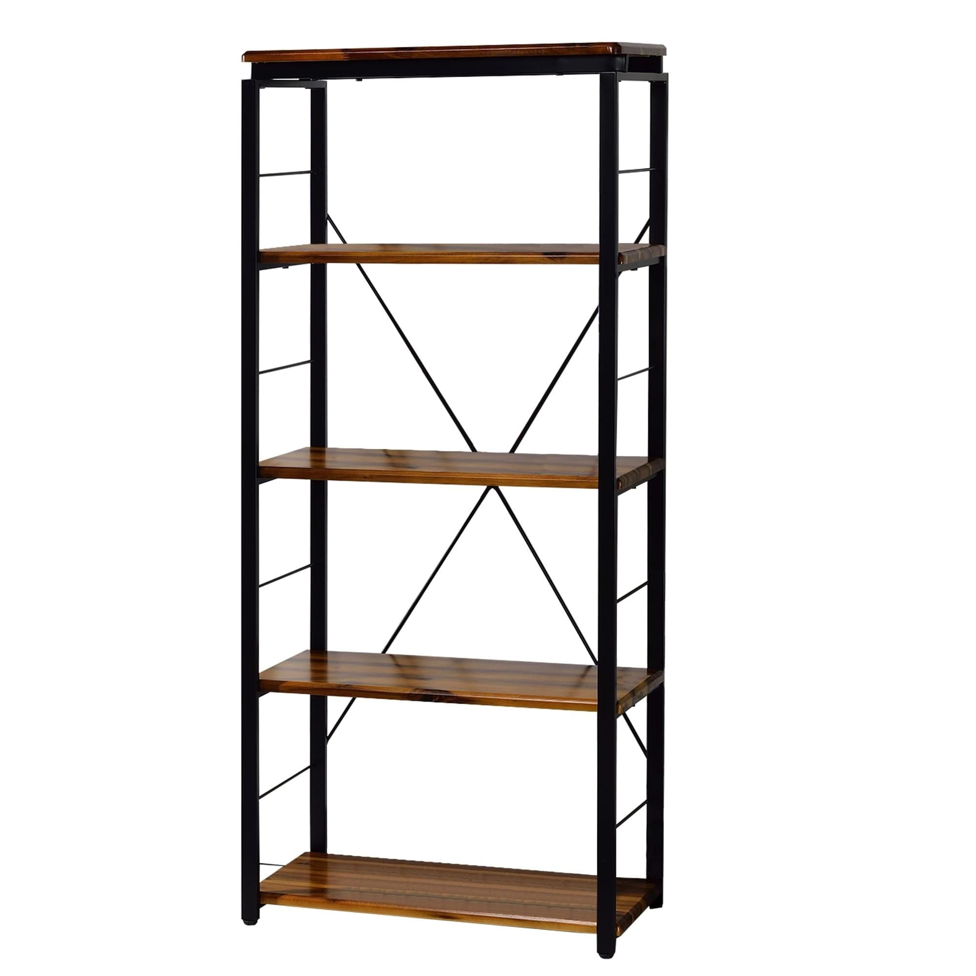 Industrial Oak Brown Bookshelf with Open Metal Frame and X-Shape Support