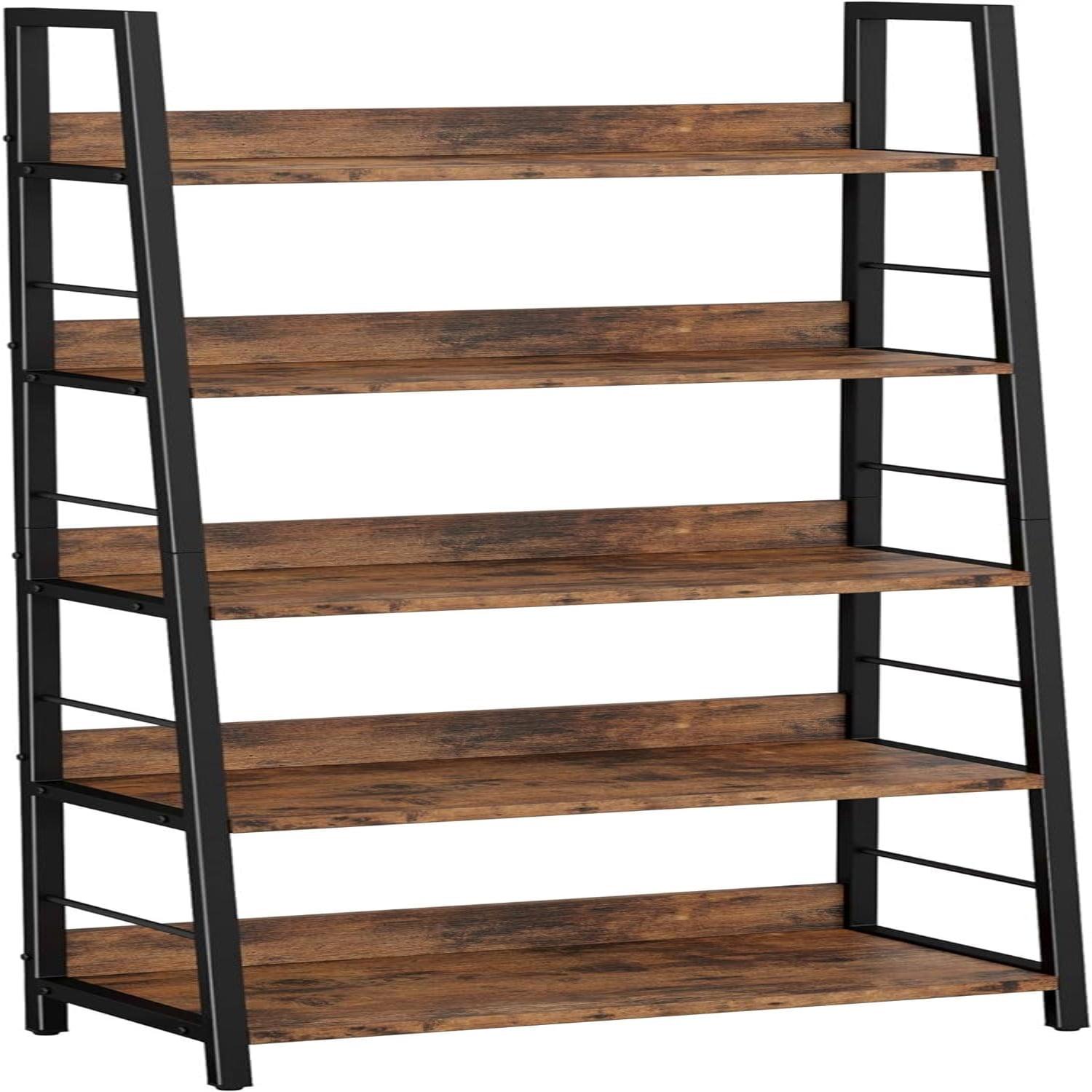 Vintage Brown 5-Tier Ladder Bookshelf with Metal Frame