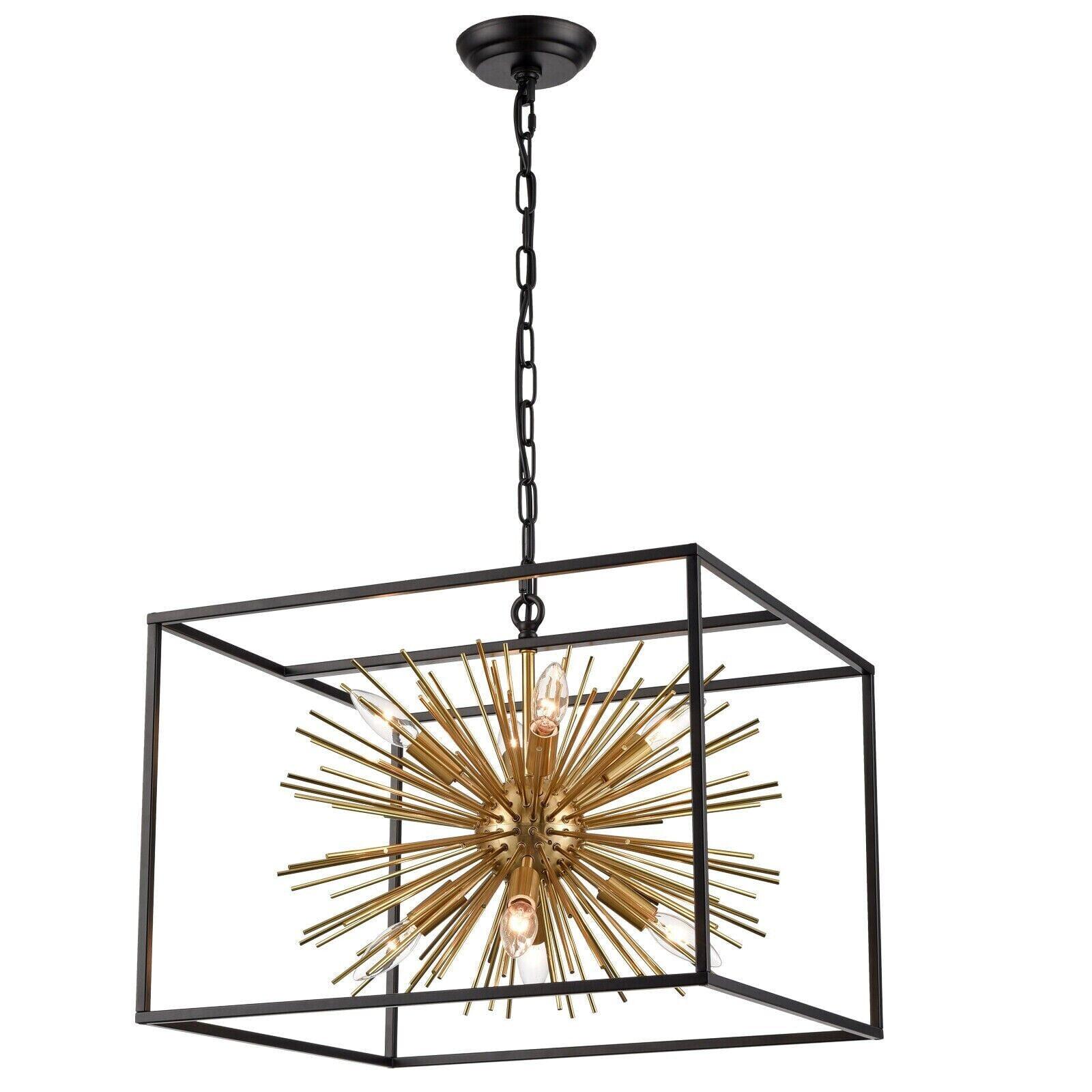 Geometric Brass and Black Sputnik Chandelier with Adjustable Height