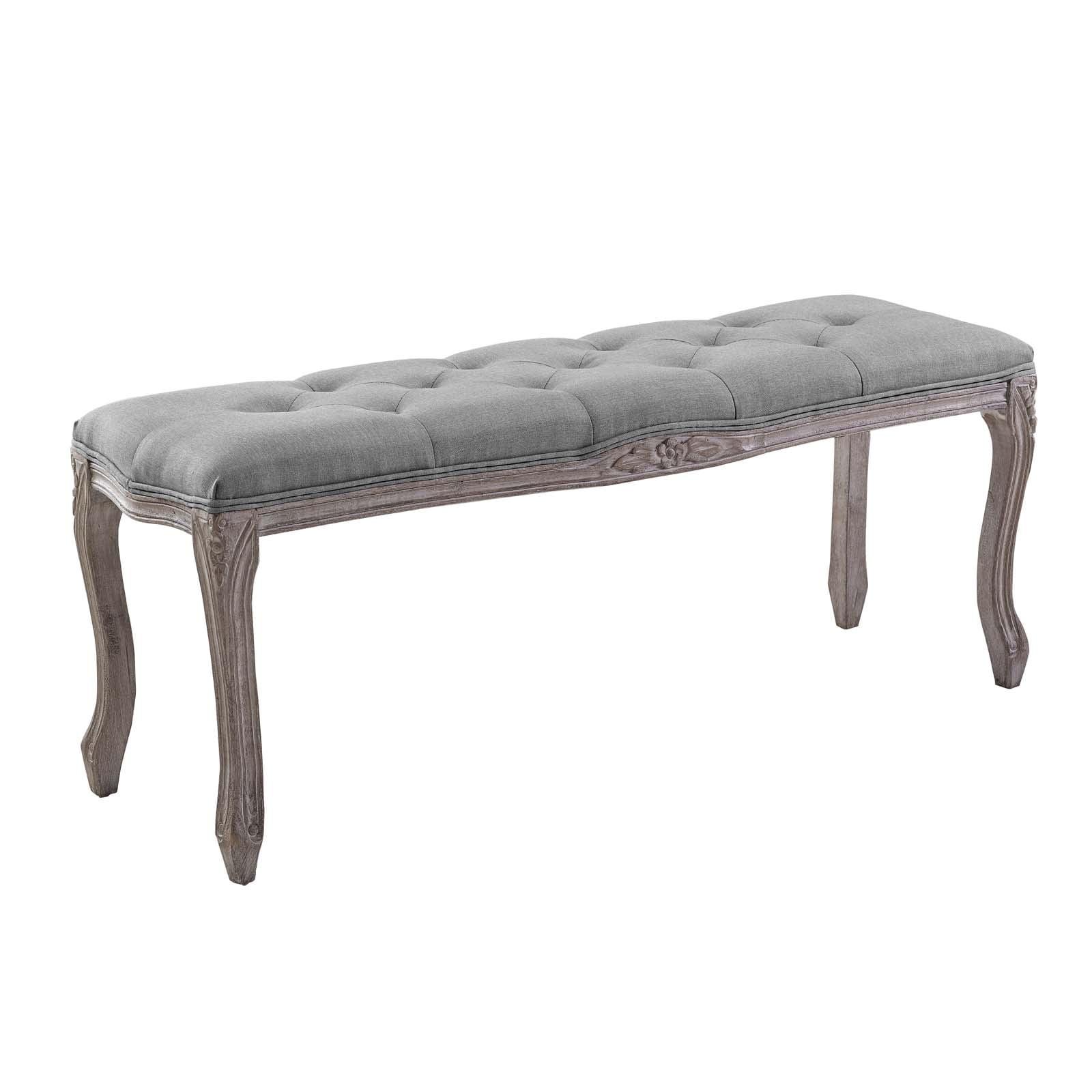 Elegant Vintage French Light Grey Upholstered Bench with Fluted Frame