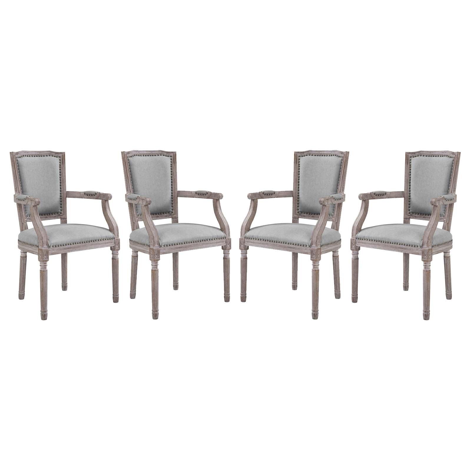 Elegant Fluted Gray Upholstered Wood Dining Armchair with Copper Trim