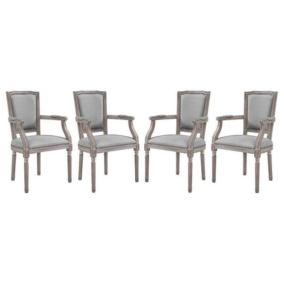 Industrial Country Farm House Dining Kitchen Room Side Chair Armchair, Set of Four, Fabric Wood Copper Nail Rivet, Light Grey Gray