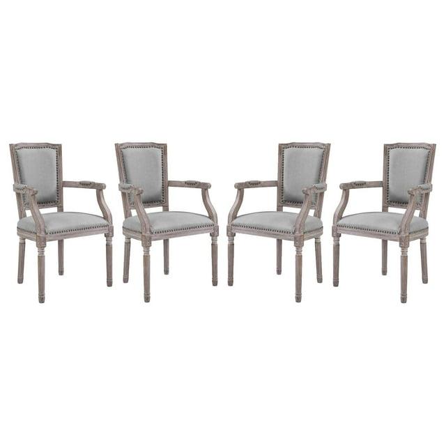 Industrial Country Farm House Dining Kitchen Room Side Chair Armchair, Set of Four, Fabric Wood Copper Nail Rivet, Light Grey Gray