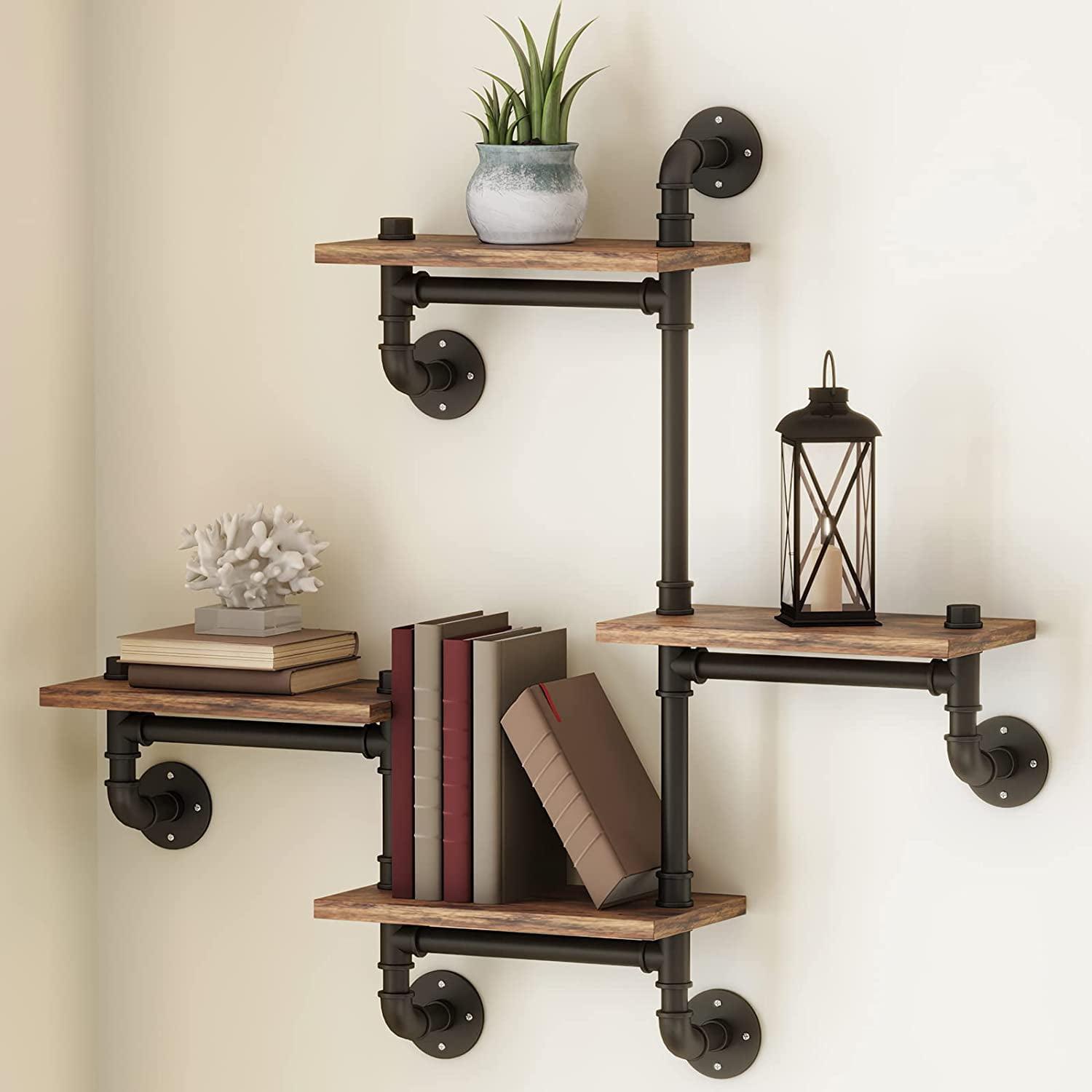 Industrial Black Pipe and Wood 4-Layer Wall Mounted Shelves